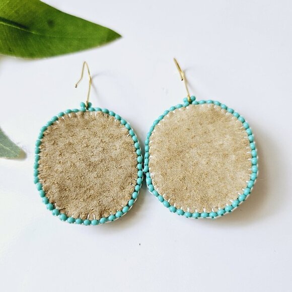 2/$27 | Turquoise Sparkle Shield Beaded Indigenous Hoop Earrings | Handmade - Picture 6 of 6